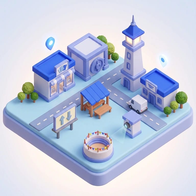 A clay-style isometric toy town with a card shop, a vault, a lighthouse-like auction tower, a post office, a market board, a trade stall, a scanner kiosk and a small arena.